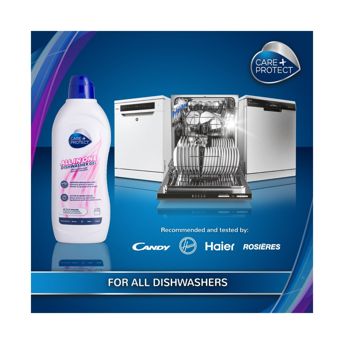 Care + Protect All - In - One Dishwasher Gel (750ml) Degreaser, Rinse Aid, Salt, Odor Eliminator