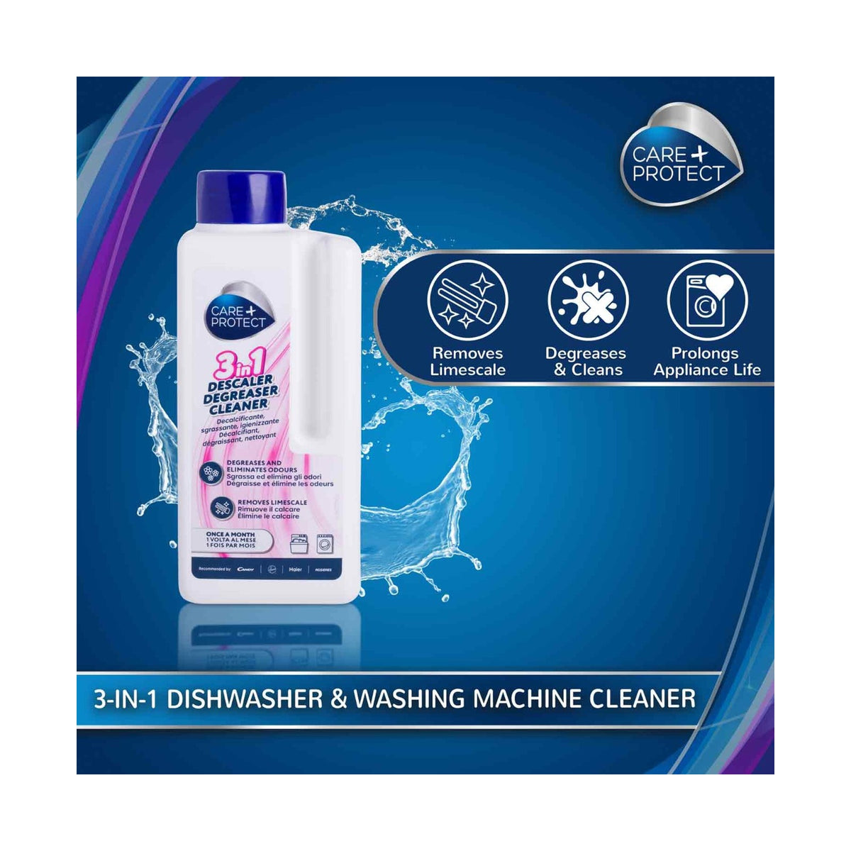 Care + Protect 3 - In - 1 Universal Liquid (250ml) Decalcifier, Degreaser & Sanitiser For Dishwasher & Washing Machine