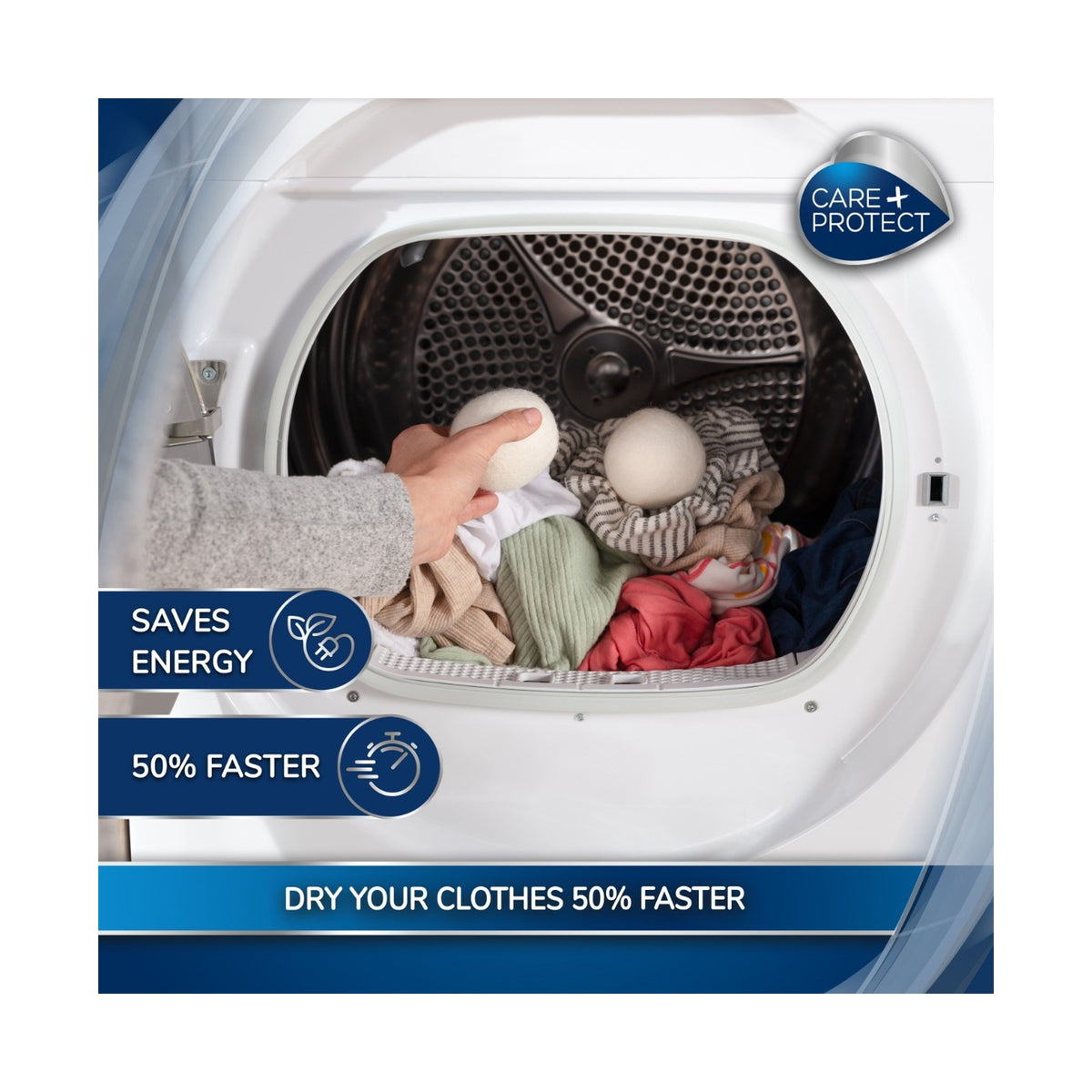 Care + Protect Scented Drying Balls (2x Wool Balls, 1x Essence) Reduce drying time by 50%