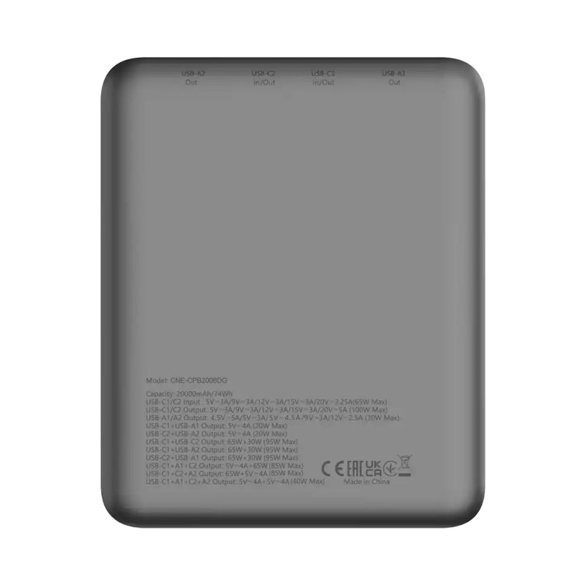 CANYON power bank PB-2008 LED FLAT 20000 mAh PD100W QC3.0 Dark Grey CNE-CPB2008DG