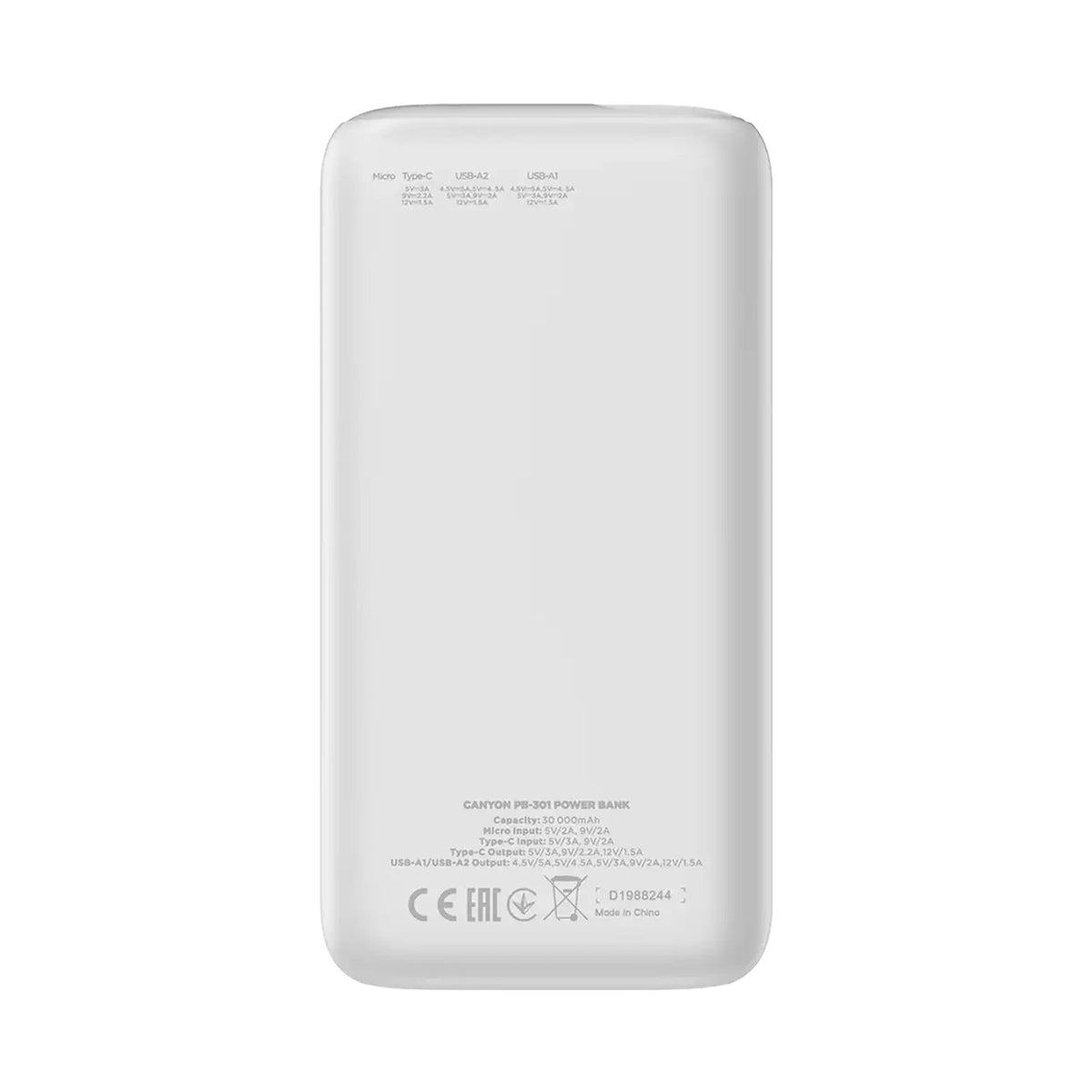 CANYON power bank PB-301 LED 30000 mAh PD 20W QC 3.0 White CNE-CPB301W