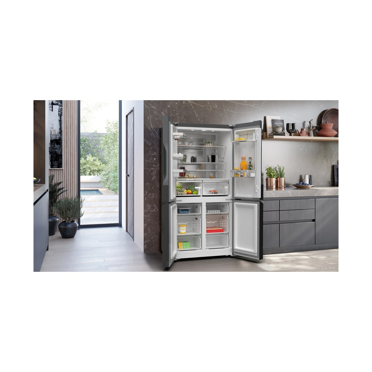 Siemens iQ300 French Door Bottom freezer multi door 183 x 90cm Brushed black steel KF96NAXEA