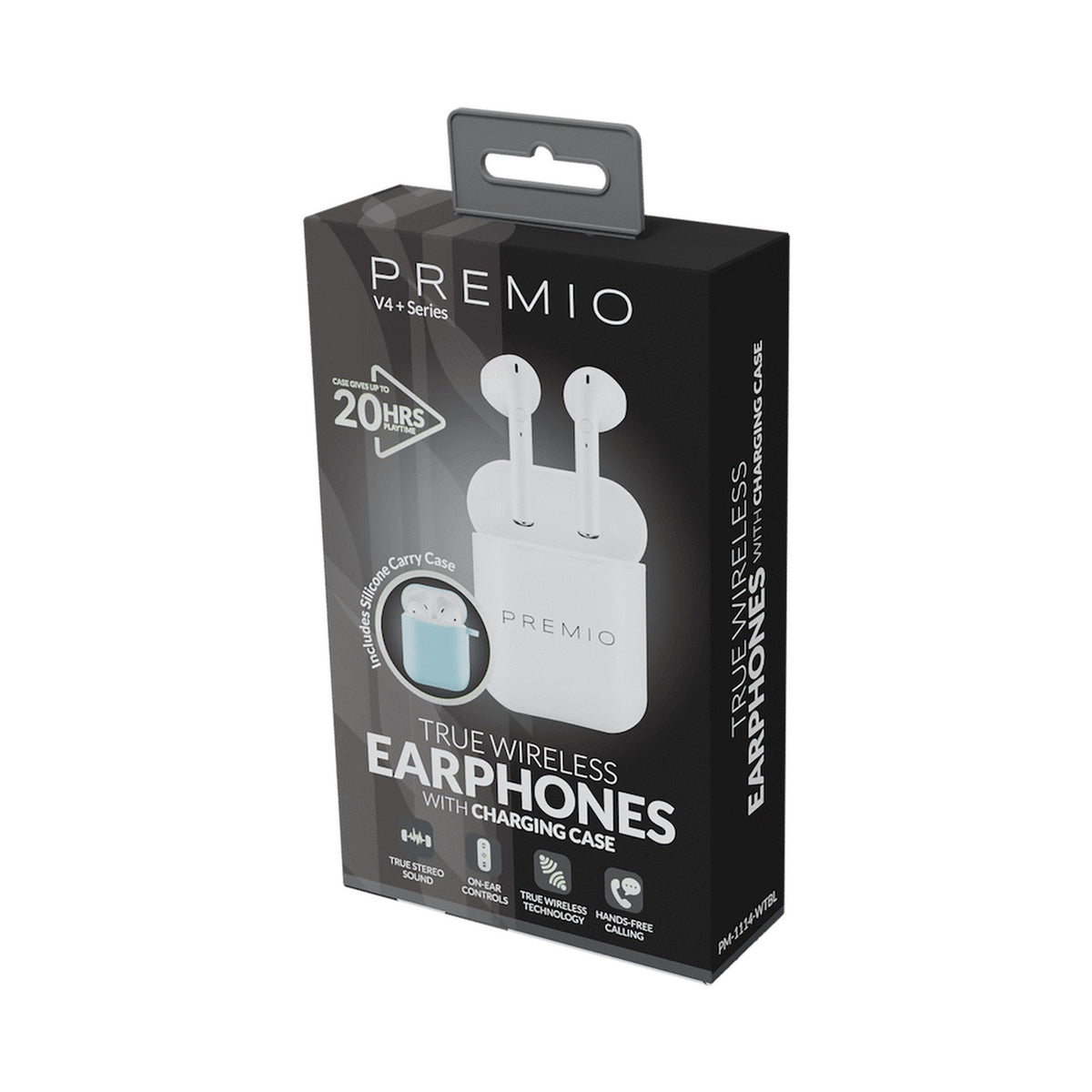 Premio V4 Series TWS Earphones with Charging Case and Cover - White with Blue Cover