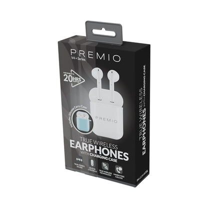 Premio V4 Series TWS Earphones with Charging Case and Cover - White with Blue Cover
