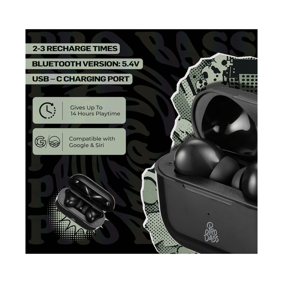 Pro Bass Pulse Buds True Wireless Earphones with Charging Case - Black