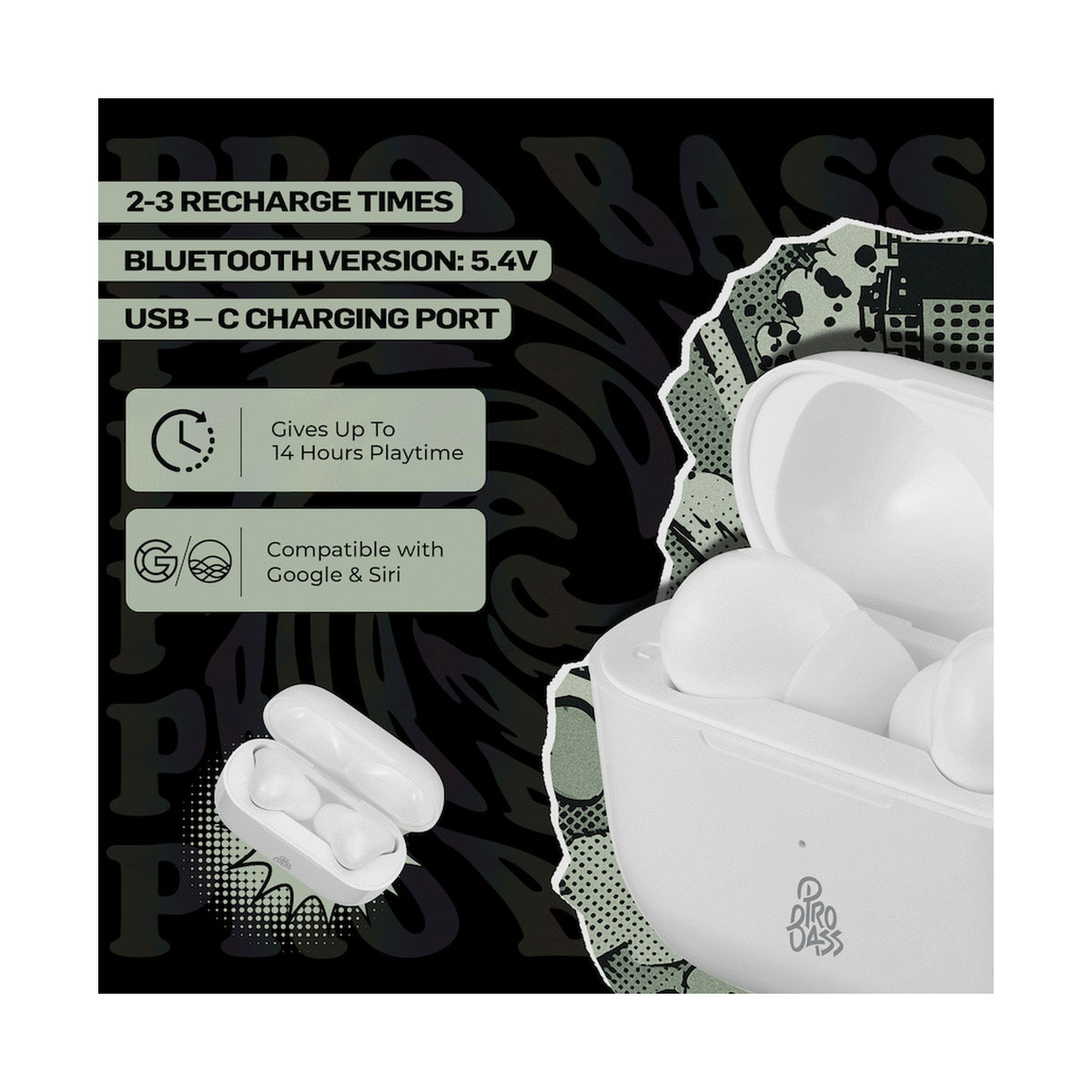 Pro Bass Pulse Buds True Wireless Earphones with Charging Case - White