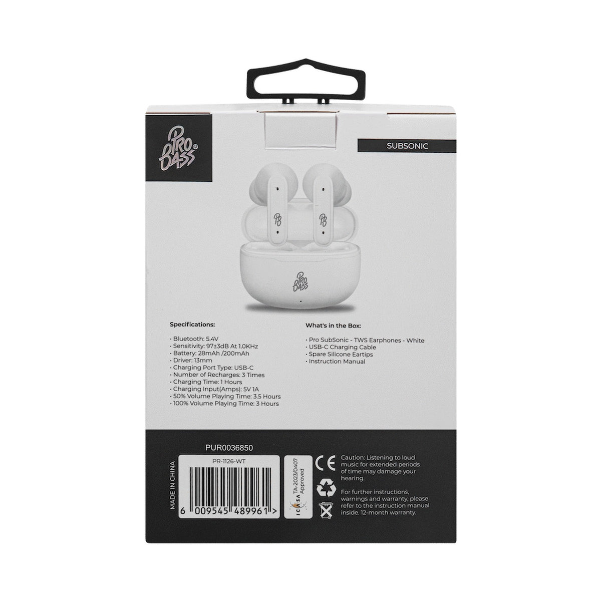 Pro Bass SubSonic TWS Earphone - White