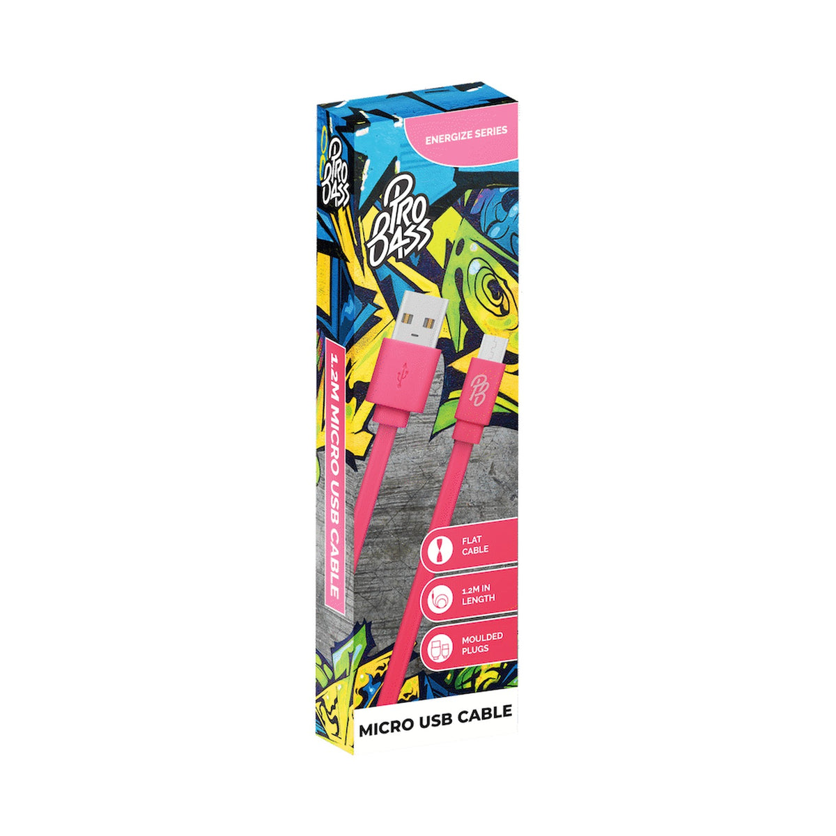 Pro Bass Energize Series Packaged Micro USB Cable - Pastel Pink 1.2m