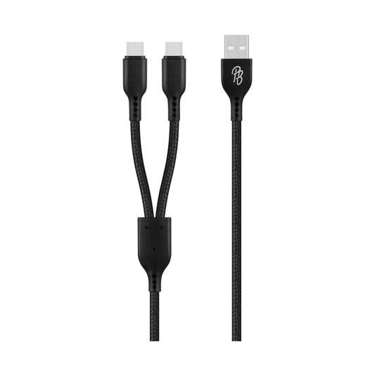Pro Bass Cord Series 1.2m 15w USB-A to 2x USB-C Braided - Black