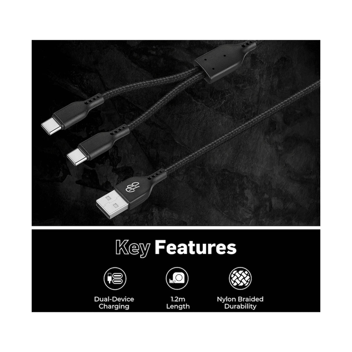 Pro Bass Cord Series 1.2m 15w USB-A to 2x USB-C Braided - Black