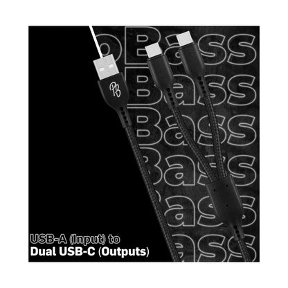 Pro Bass Cord Series 1.2m 15w USB-A to 2x USB-C Braided - Black