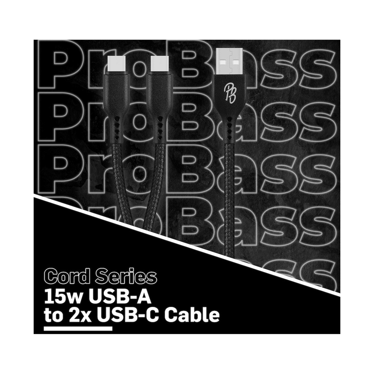 Pro Bass Cord Series 1.2m 15w USB-A to 2x USB-C Braided - Black