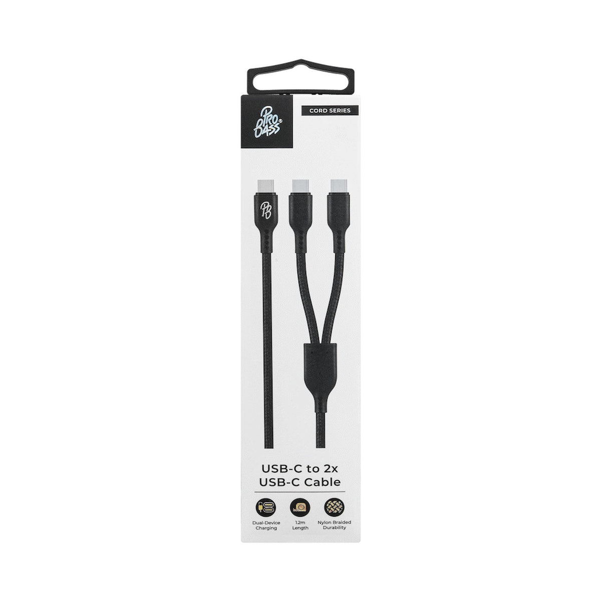 Pro Bass Cord Series 1.2m 15w USB-C to 2x USB-C Braided - Black