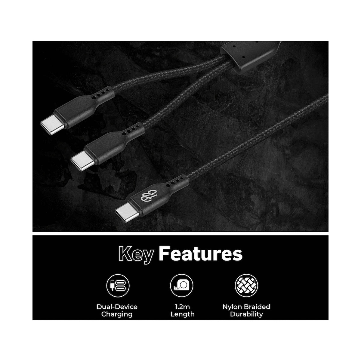 Pro Bass Cord Series 1.2m 15w USB-C to 2x USB-C Braided - Black