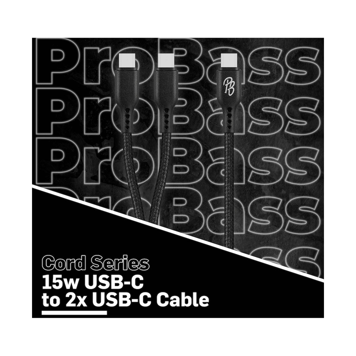 Pro Bass Cord Series 1.2m 15w USB-C to 2x USB-C Braided - Black