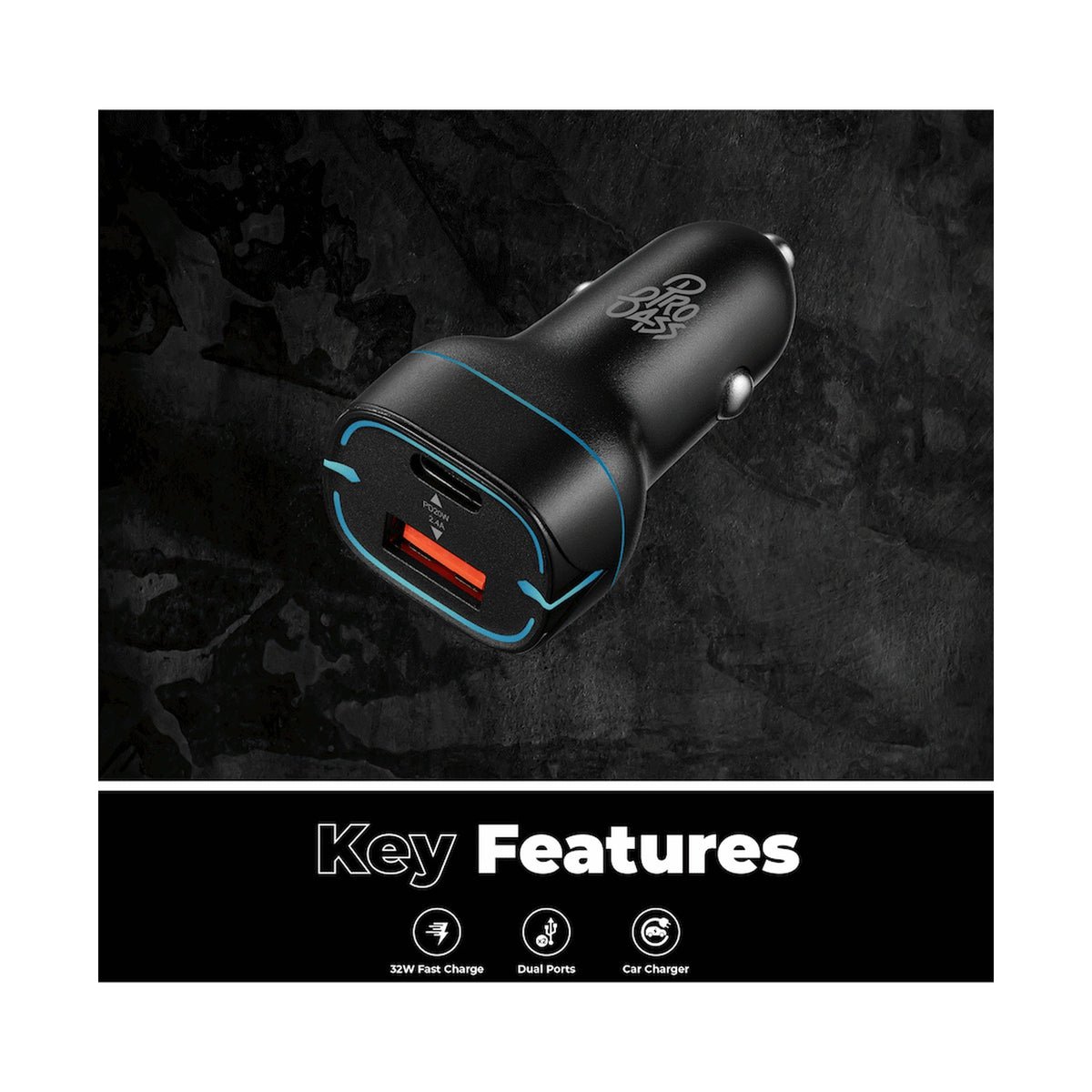 Pro Bass AutoPower Series 32w Dual USB and Type-C Car Charger