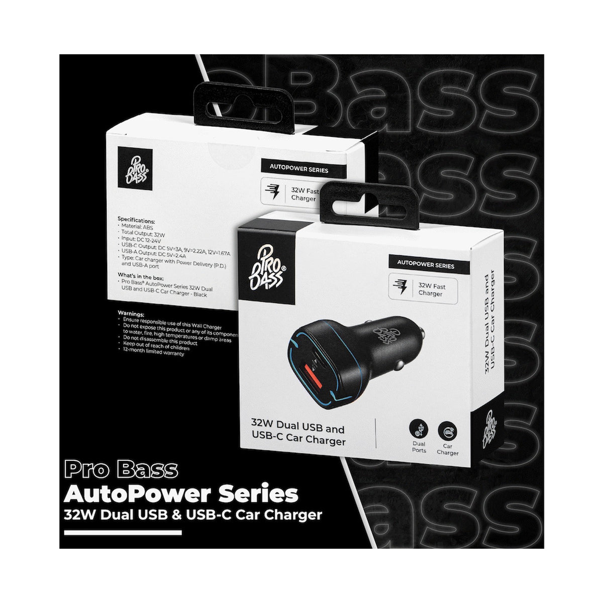Pro Bass AutoPower Series 32w Dual USB and Type-C Car Charger
