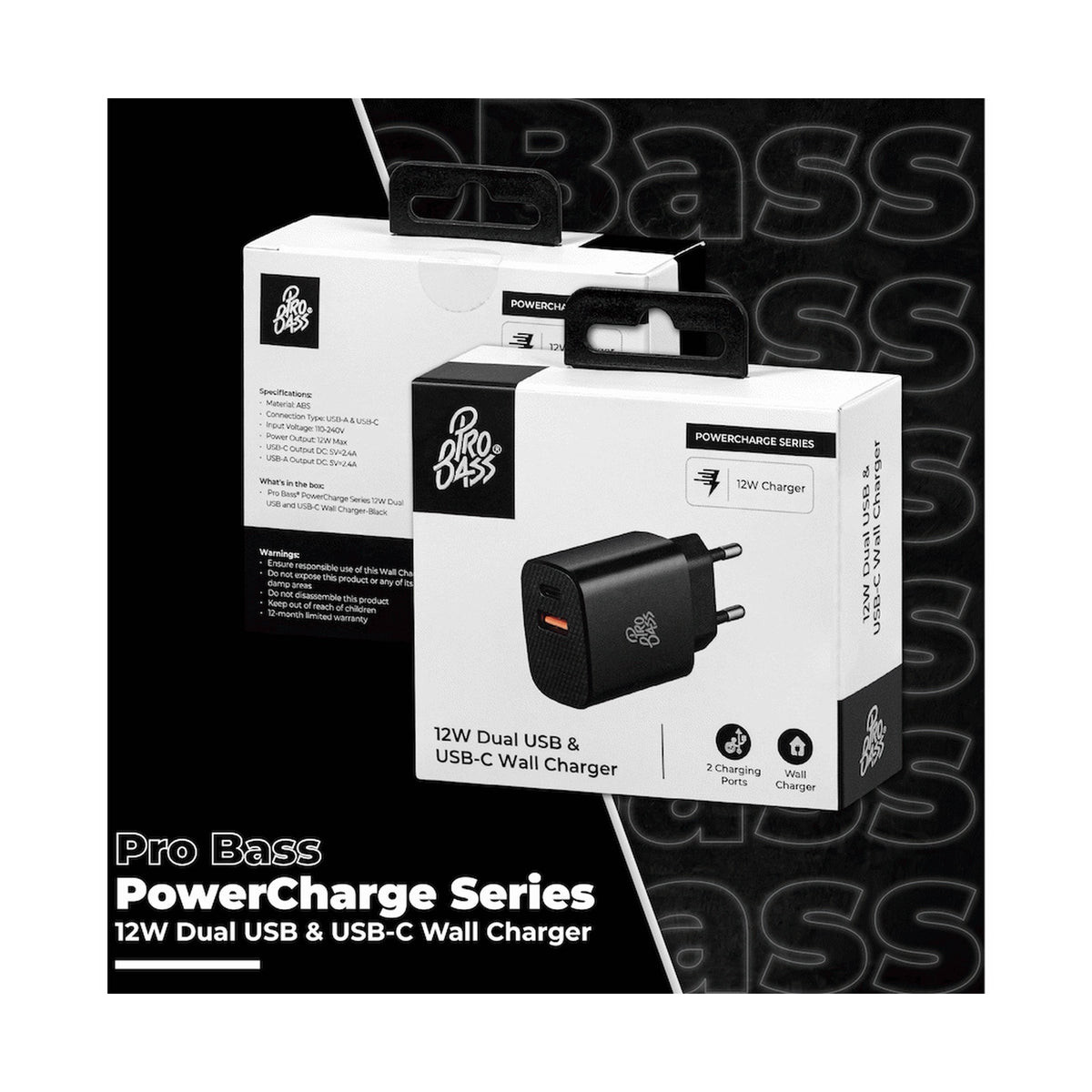 Pro Bass PowerCharge Series 12w Dual USB and Type-C Wall Charger - Black