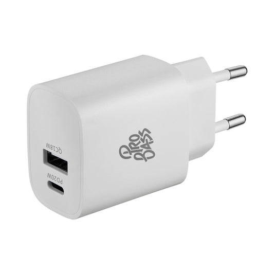 Pro Bass Rapidcharge Series 20w+18w Dual USB and Type-C Wall Charger - White