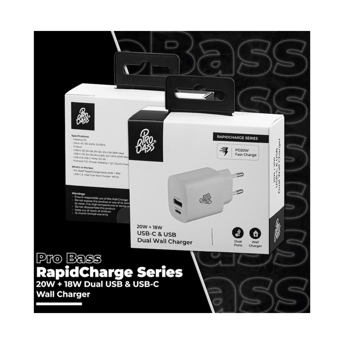 Pro Bass Rapidcharge Series 20w+18w Dual USB and Type-C Wall Charger - White