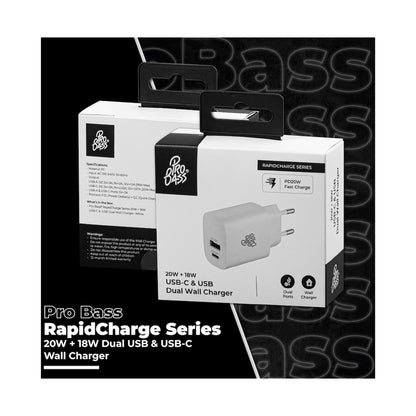 Pro Bass Rapidcharge Series 20w+18w Dual USB and Type-C Wall Charger - White