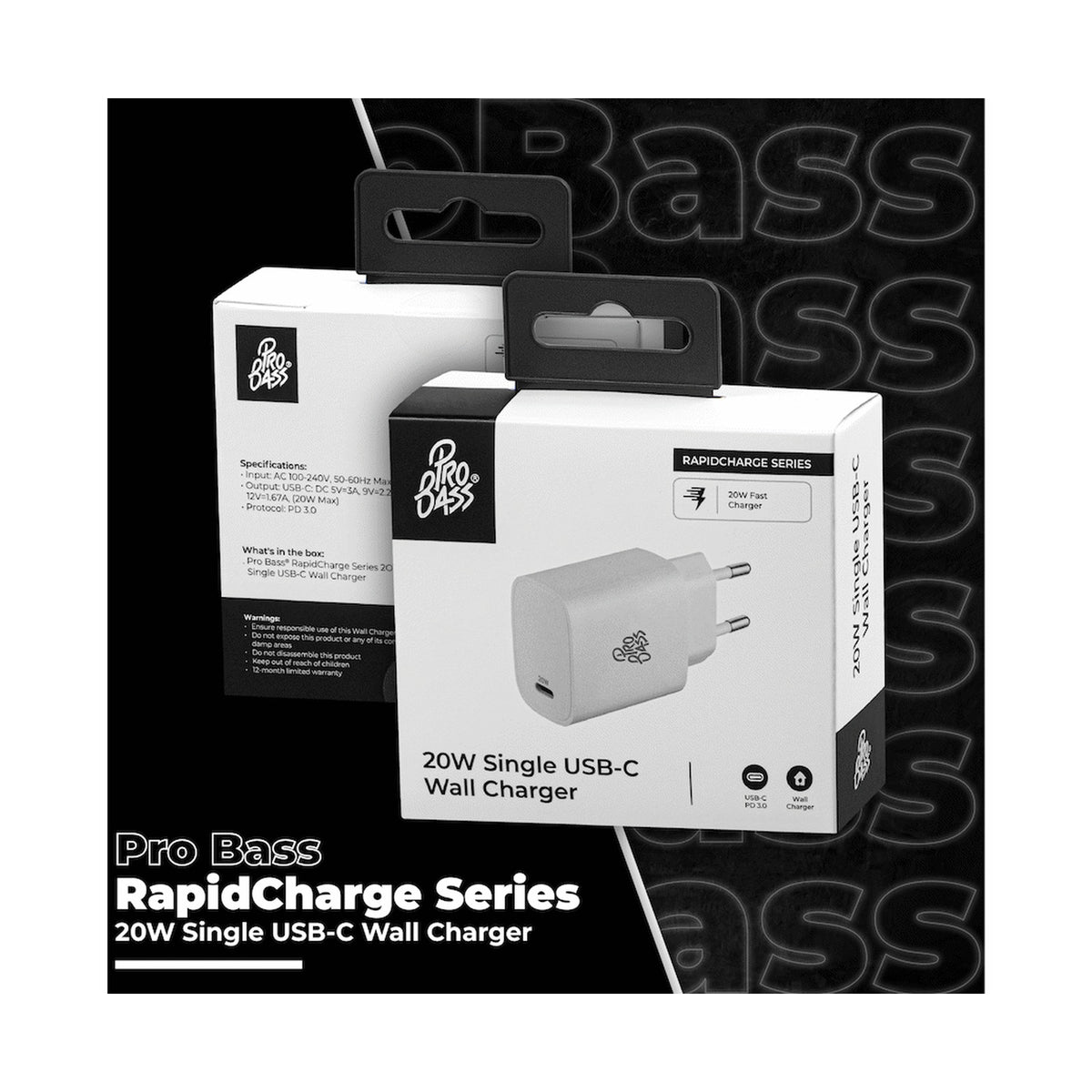 Pro Bass RapidCharge Series 20w Single Type-C Wall Charger - White