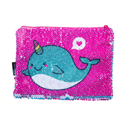 Quest Sequin Narwhale Pencil Case. Pink