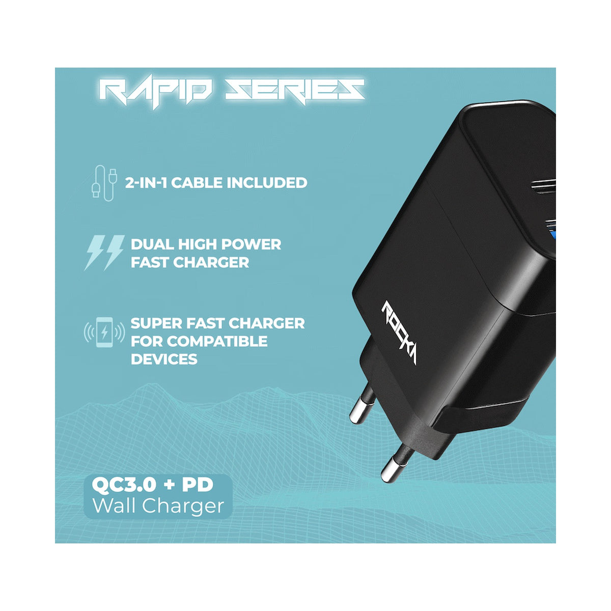 Rocka Rapid Series QC3.0 + PD Wall Charger, 18w, with Cable