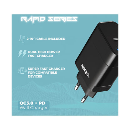 Rocka Rapid Series QC3.0 + PD Wall Charger, 18w, with Cable