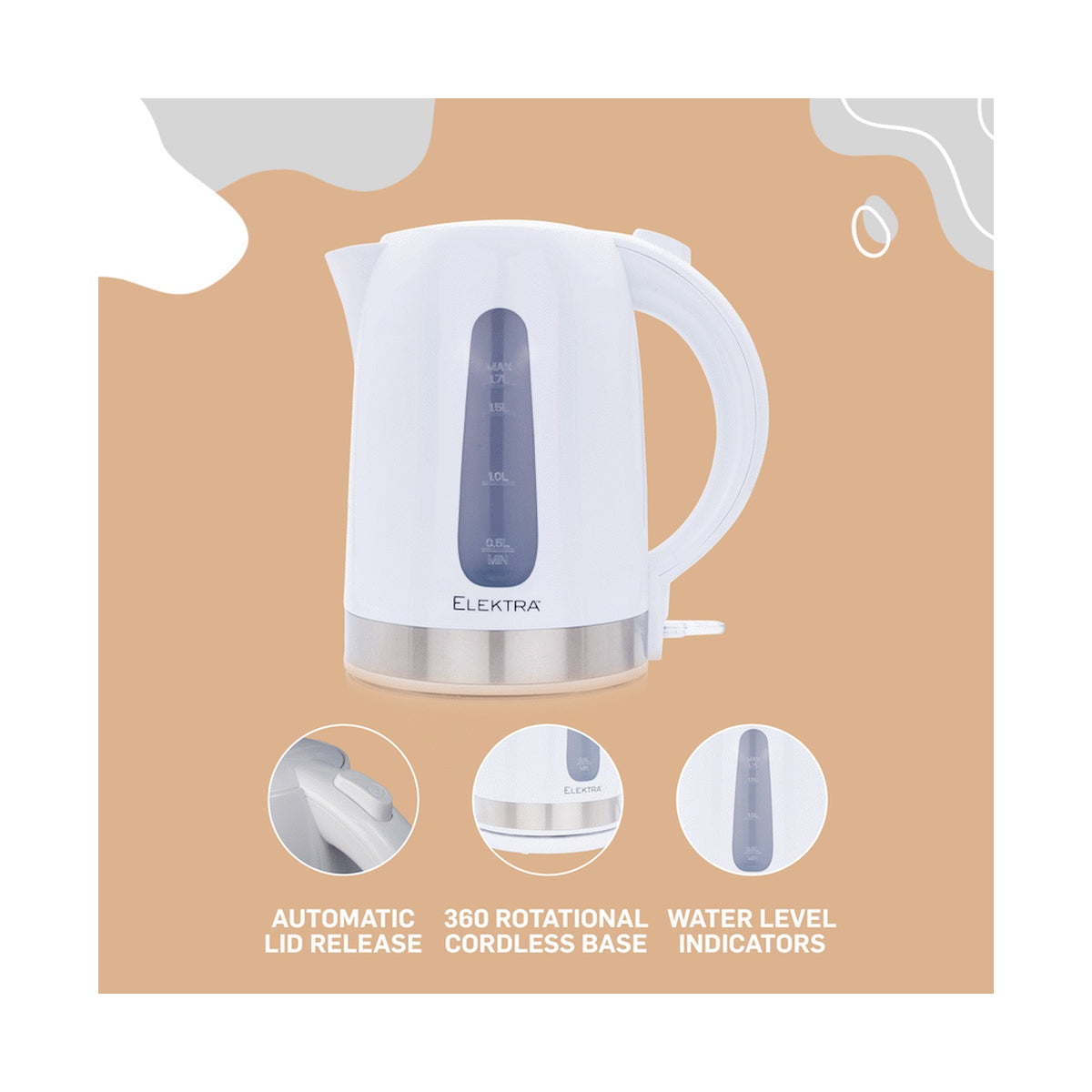 Elektra 1.7l Plastic Kettle - White