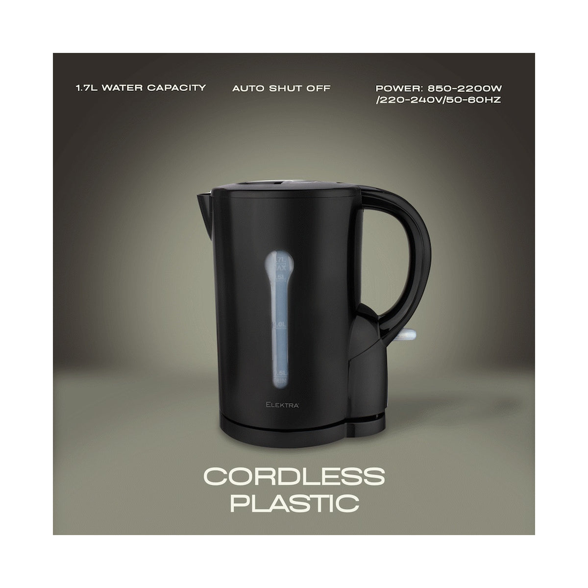 Elektra 1.7l Plastic Cordless Kettle - Black