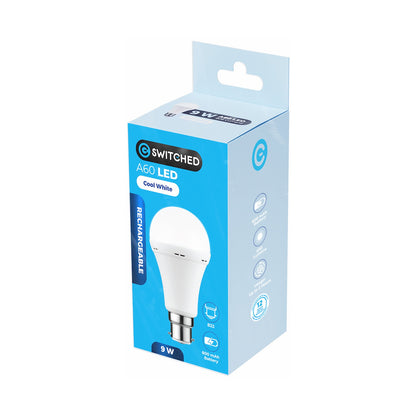 Switched 9w A60 Rechargeable LED Light Bulb - B22 - Cool White