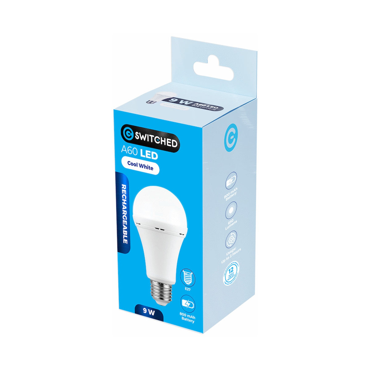 Switched 9w A60 Rechargeable LED Light Bulb E27 - Cool White