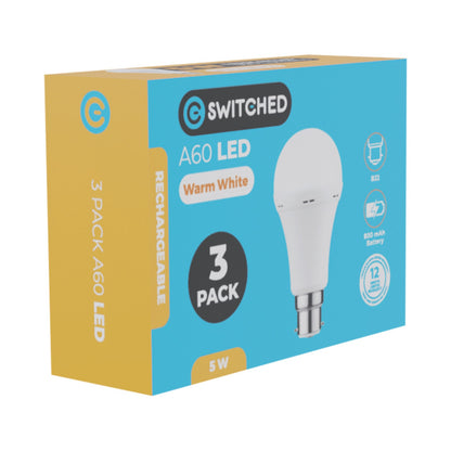 Switched 5w A60 Rechargeable B22 LED Light Bulb - WW - 3 Pack