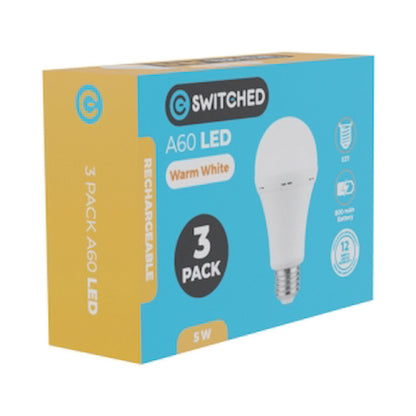 Switched 5w A60 Rechargeable E27 LED Light Bulb WW - 3 Pack
