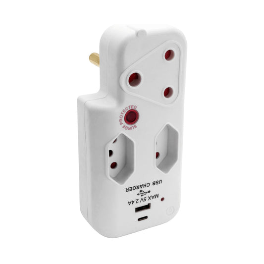 Switched 3-Way Medium Surge Adaptor with Type-C + USB - White