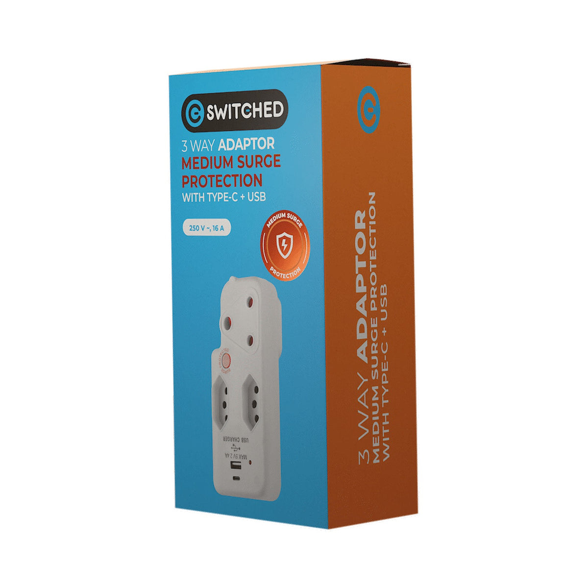 Switched 3-Way Medium Surge Adaptor with Type-C + USB - White