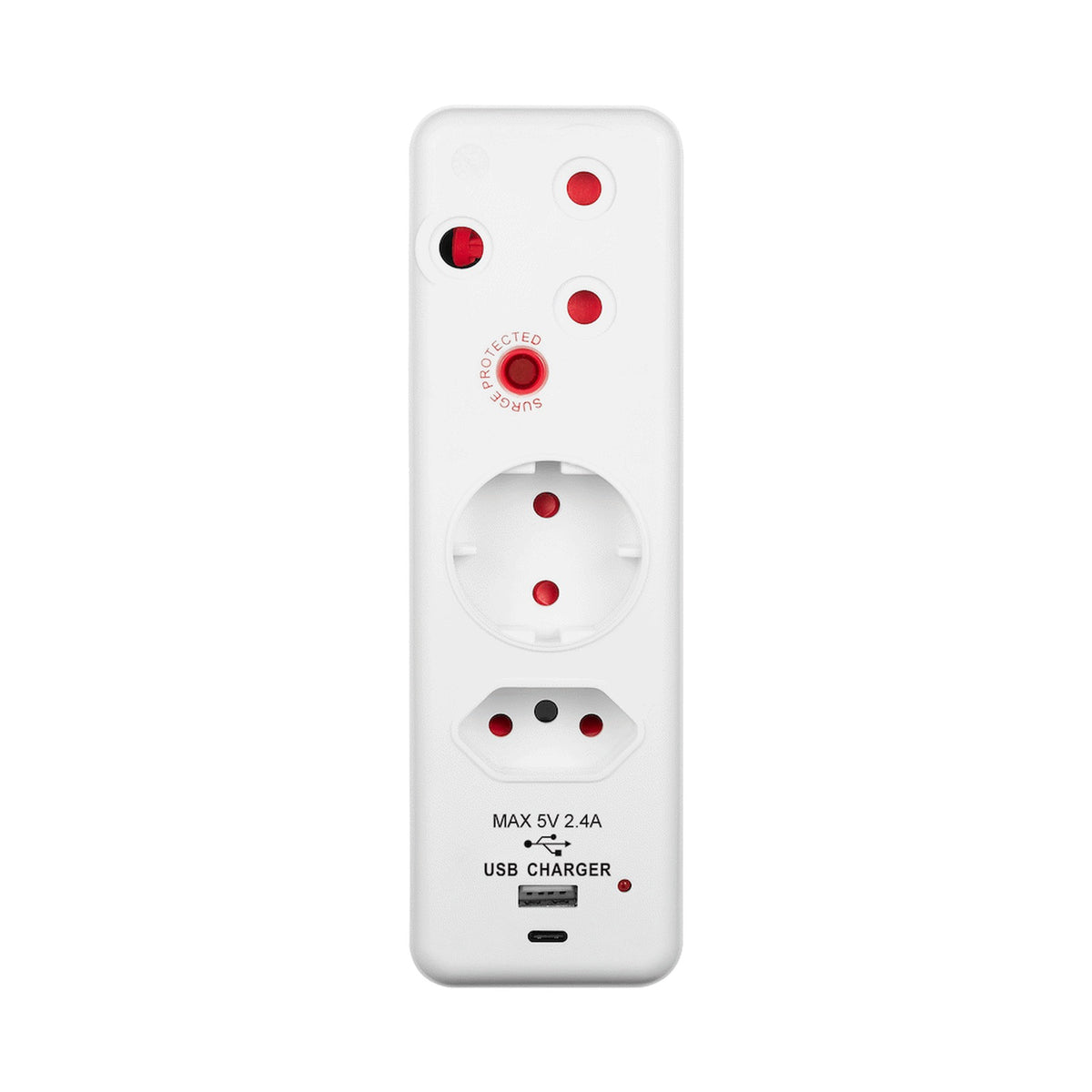 Switched 3-Way Medium Surge Adaptor - Schuko with Type-C + USB