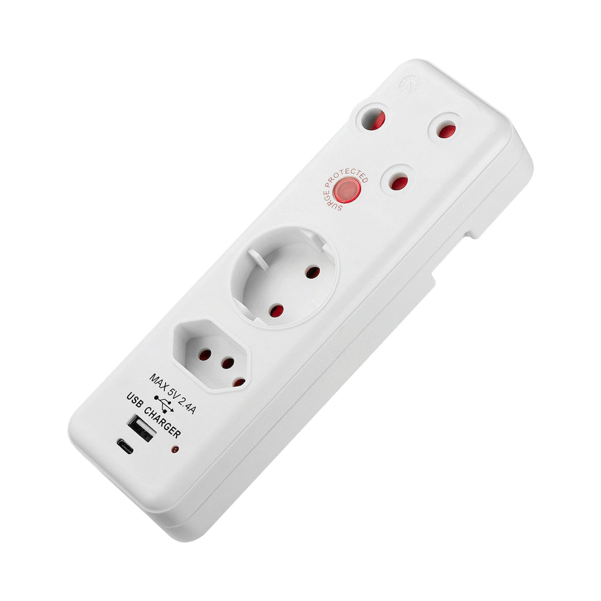 Switched 3-Way Medium Surge Adaptor - Schuko with Type-C + USB