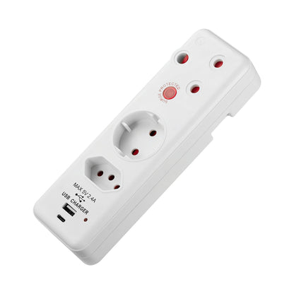 Switched 3-Way Medium Surge Adaptor - Schuko with Type-C + USB
