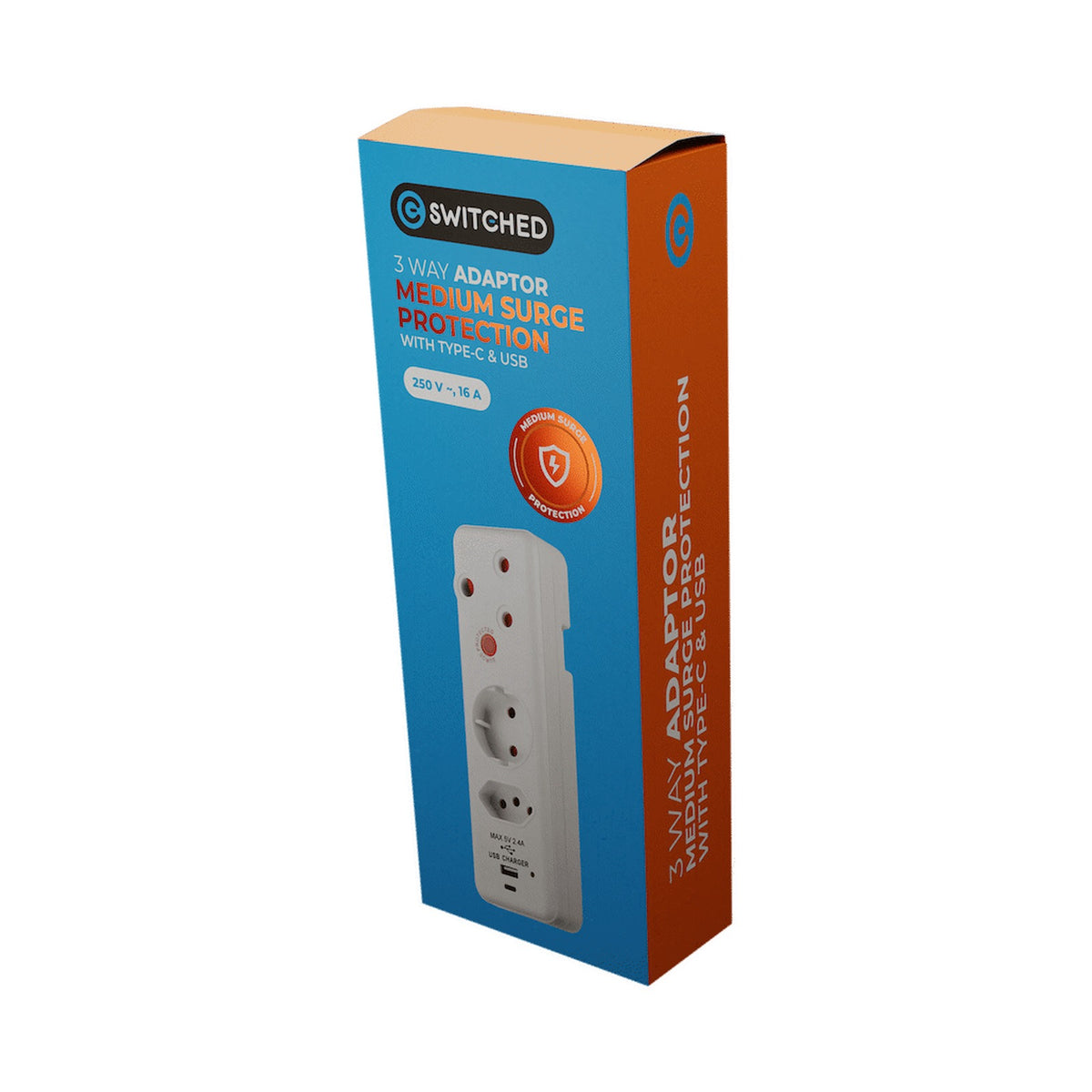 Switched 3-Way Medium Surge Adaptor - Schuko with Type-C + USB