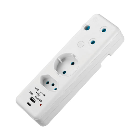 Switched 3-Way Schuko Adaptor with Type C + USB