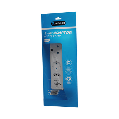Switched 3-Way Schuko Adaptor with Type C + USB