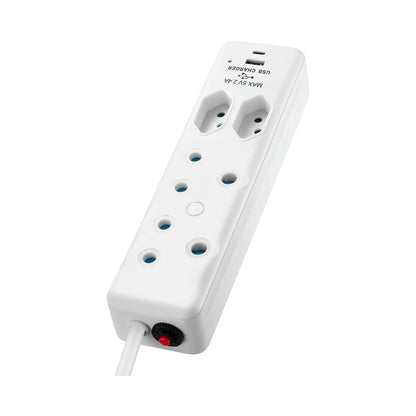 Switched 4-Way Extension Lead with 1x Type-C + 1x USB - 2m