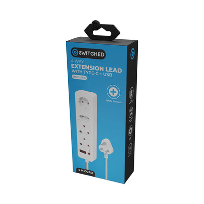 Switched 4-Way Extension Lead with 1x Type-C + 1x USB - 4m