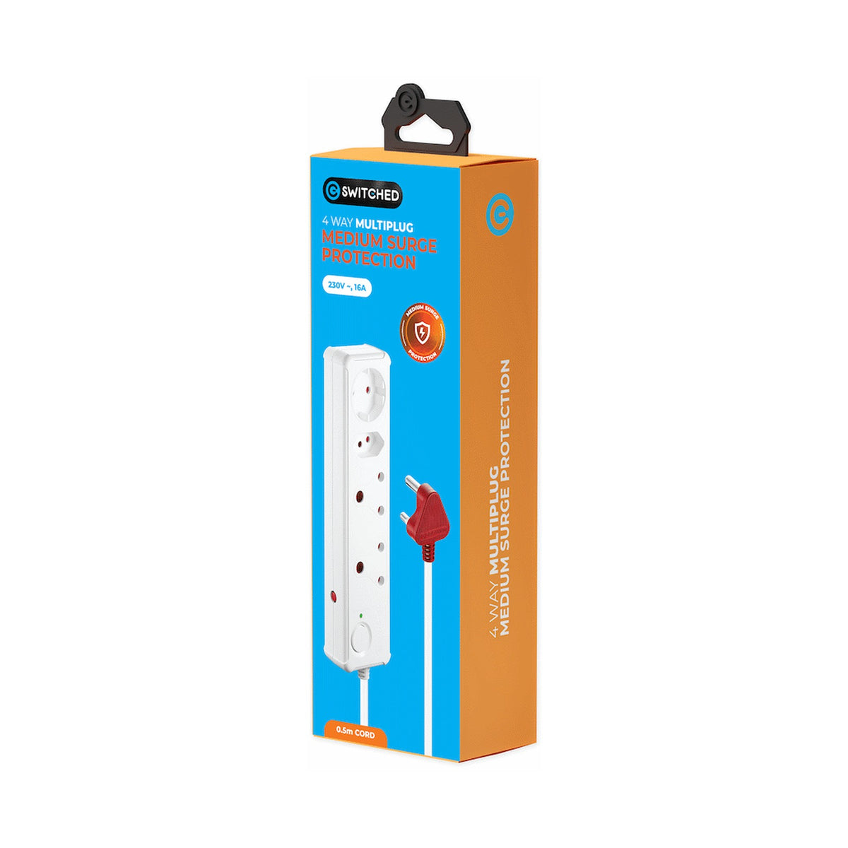 Switched 4-Way Medium Surge-Protected Multiplug 0.5m Cord - White