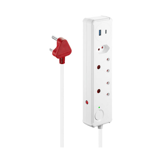 Switched 3-Way Medium Surge-Protected Multiplug with 1x Type-C + 3.4a USB Ports - 0.5m - White