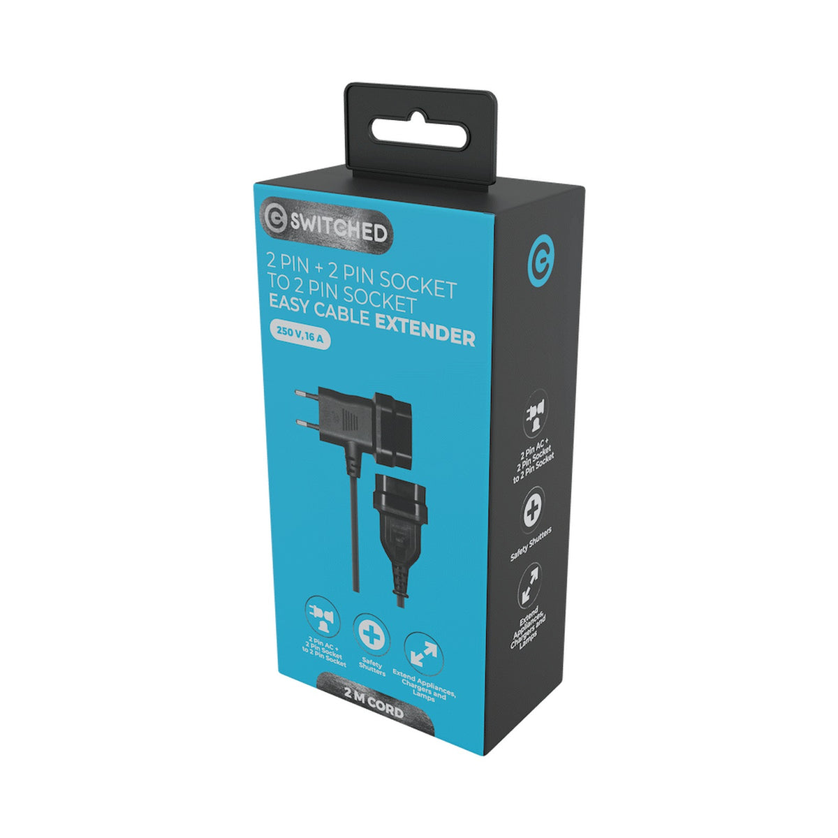 Switched Easy Cable Extender 2-Pin Euro to T-Shape AC 2-Pin Euro Socket 2m - Black