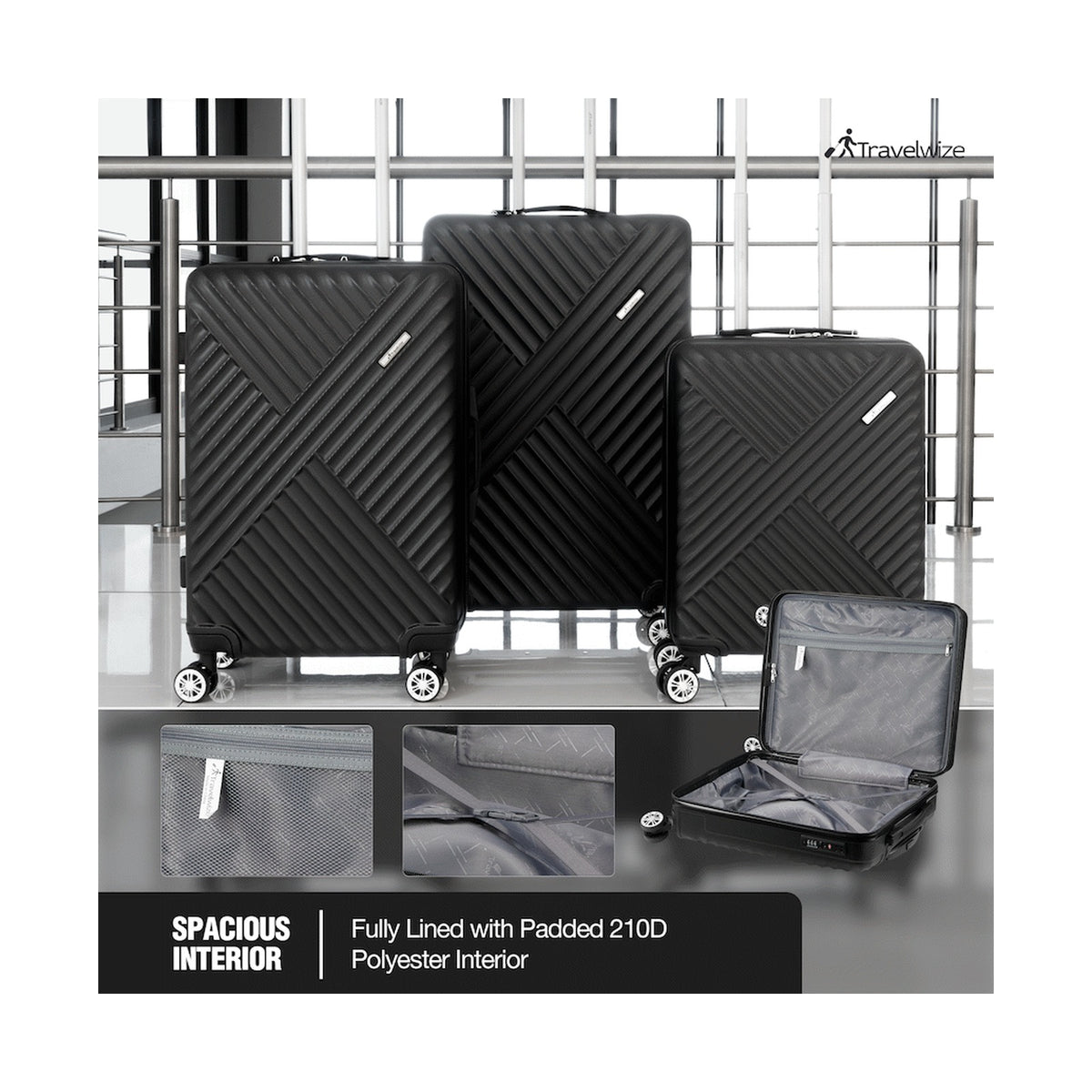 Travelwize Astra ABS 4-Wheels Spinner 3Pc Luggage Set Black