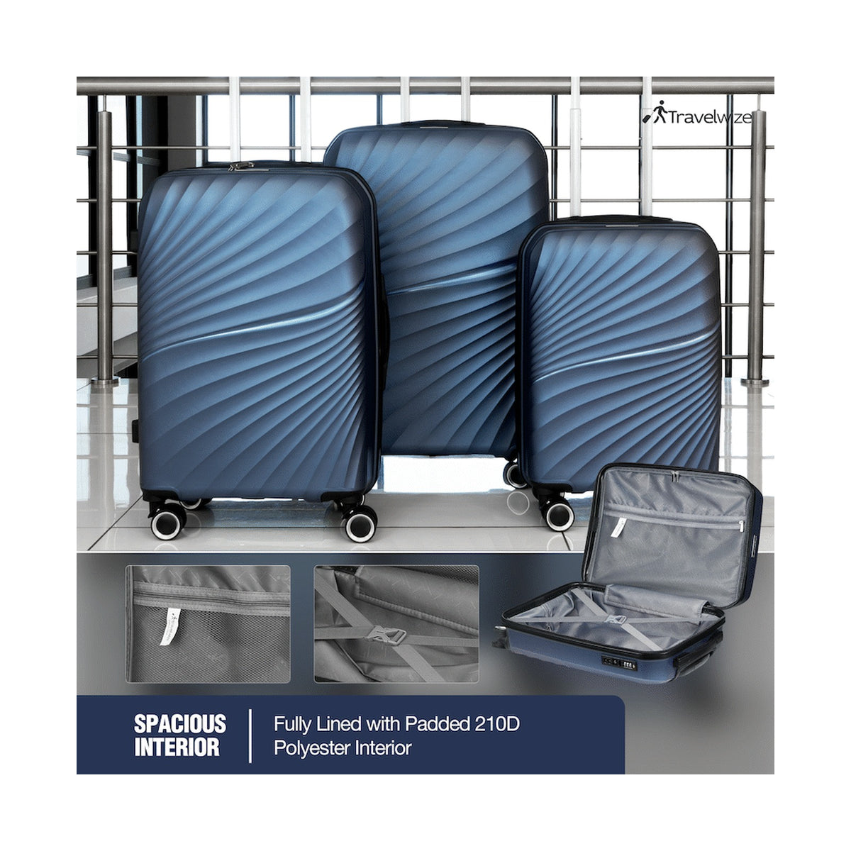 Travelwize Quartz PP 4-Wheels Spinner 3Pc Luggage Set Navy